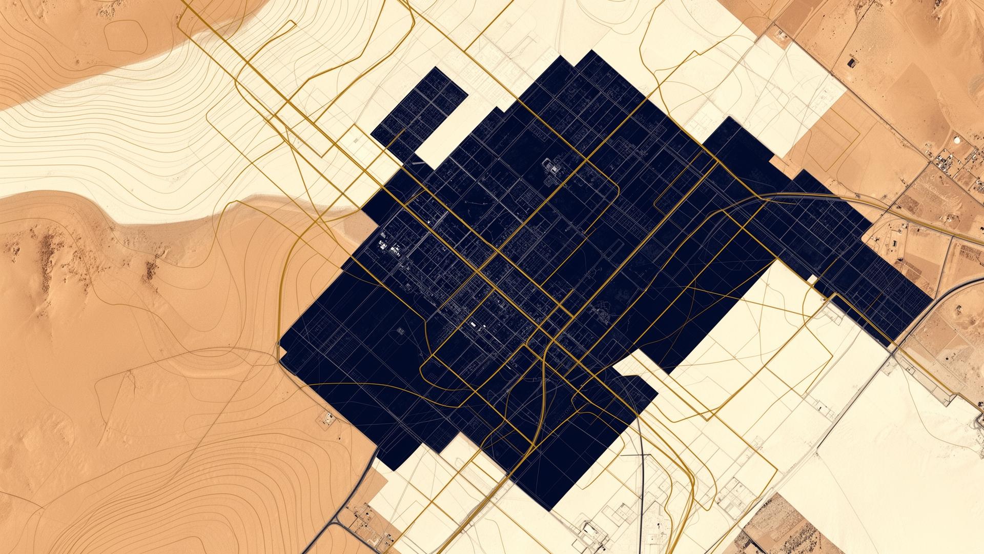 Abstract cartographic composition with layered geometric forms suggesting infrastructure and connectivity across territory
